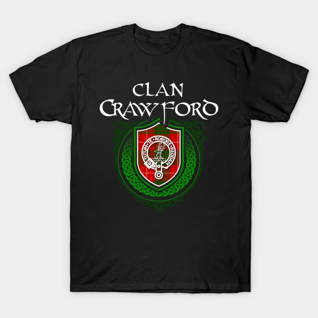 Clan Crawford Surname Scottish Clan Tartan Crest Badge T-Shirt by Celtic Folk